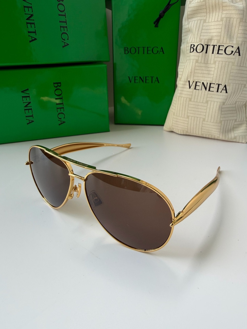 Bottega Veneta BV1305S 007 Gold Dark Brown Lens Aviator Sunglasses AUTHENTIC